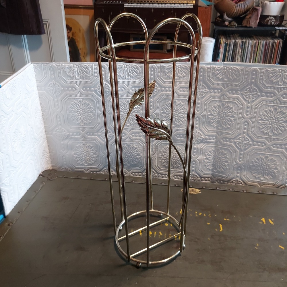 Vintage Brass Tone Metal Toilet Paper Bathroom Stand Leaf Hollywood Regency